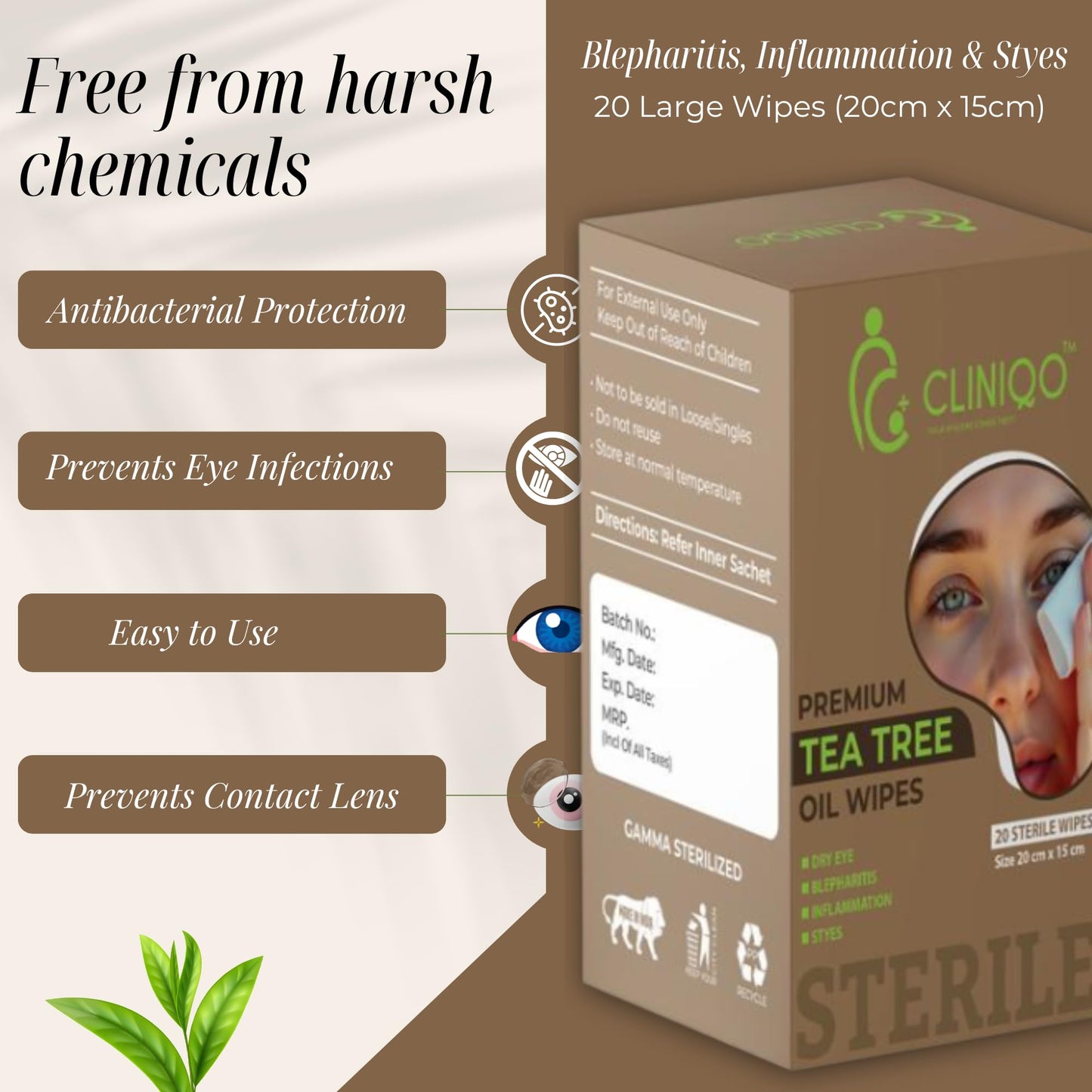 CLINIQO® Premium Tea Tree Oil Wipes Pack of 20 Sterile Wipes