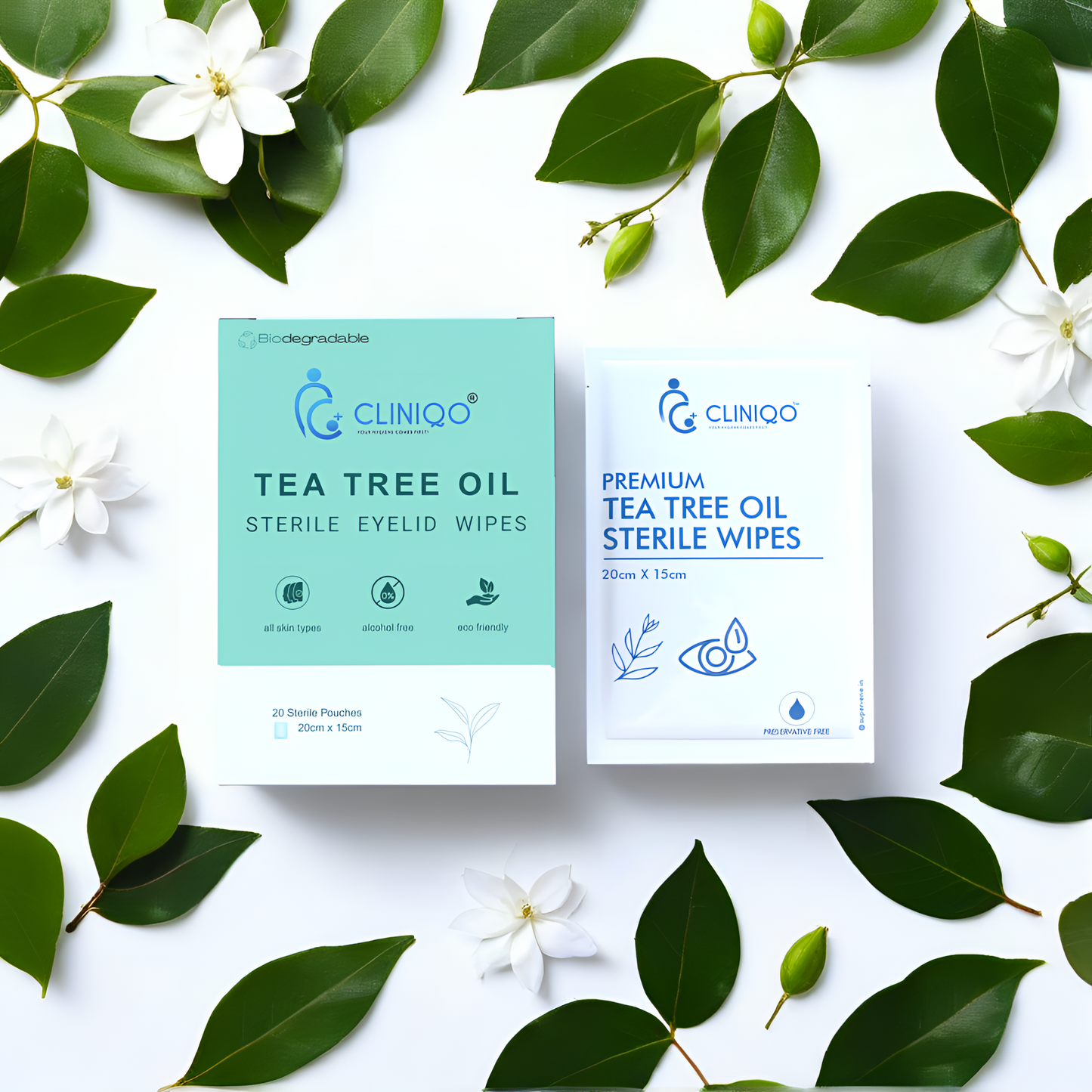 CLINIQO® Premium Tea Tree Oil with Aloe Wipes Pack of 20 Sterile Wipes
